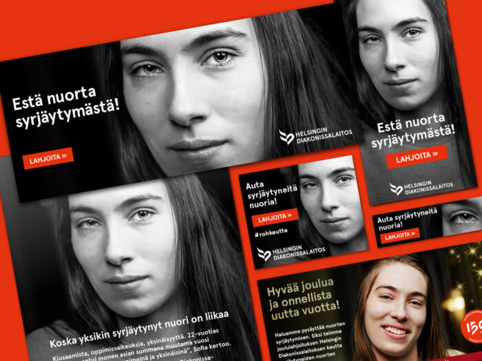 Banneri- ja printtimainoksia aseteltuna punaista taustaa vasten